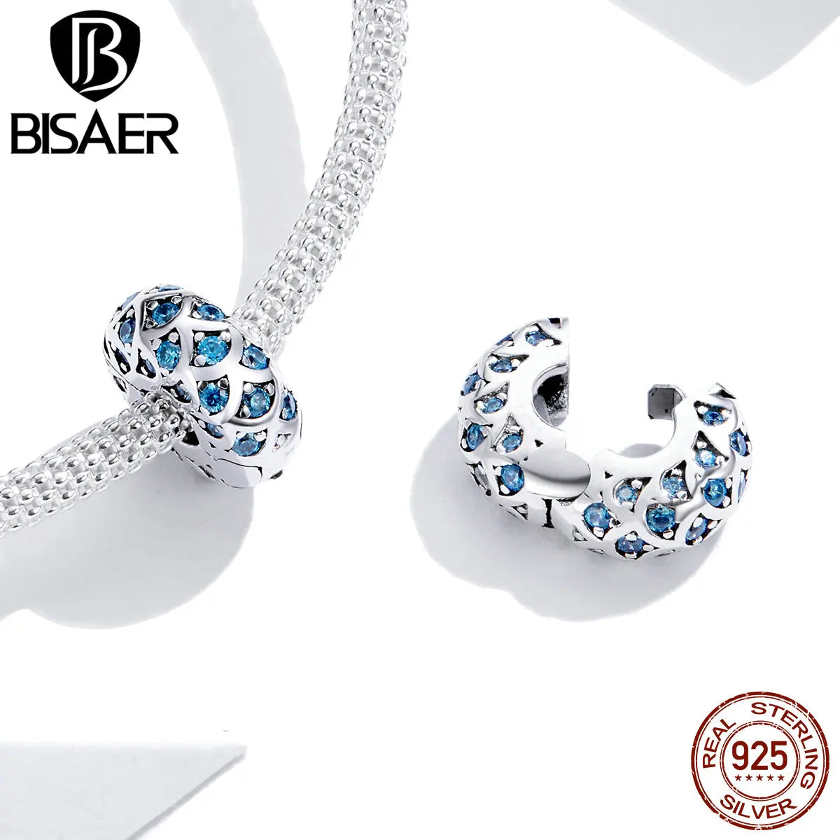 BISAER 925 Sterling Silver Big Clip Spacer Charm Open Lock Stopper Bead Plated Platinum Women for DIY Bracelet Fine Jewelry Gift