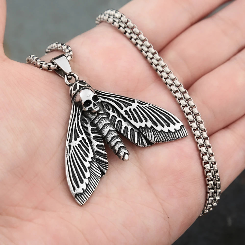 Gothic Vintage Death Moth Pendant Necklace For Men Women Punk Stainless Steel Butterfly Skull Necklaces Biker Animal Jewelry