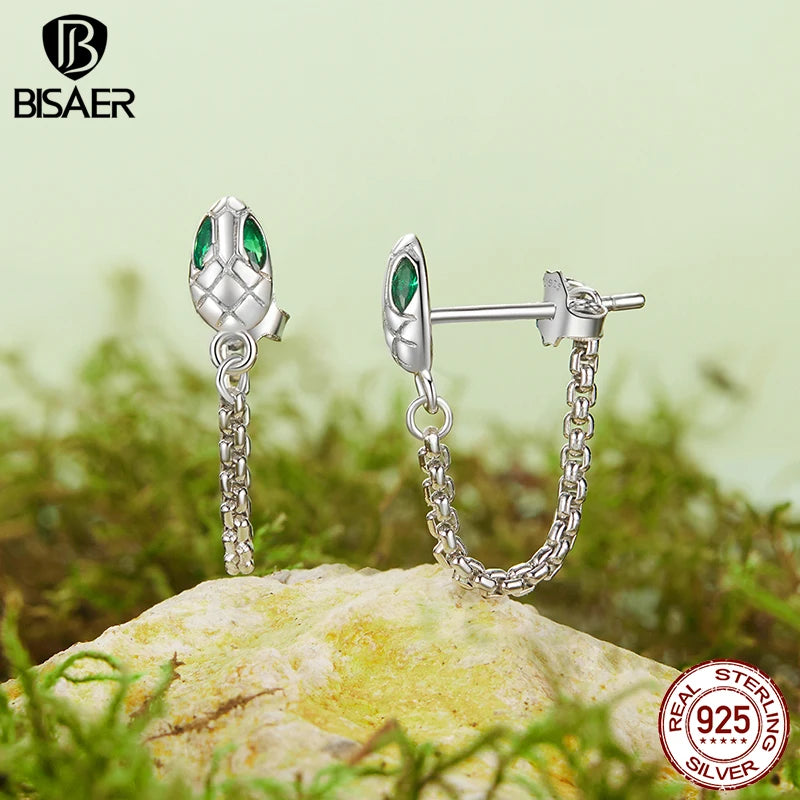 BISAER 925 Sterling Silver Snake Tassel Hoop Earrinngs Metal Stud Earrings Hypoallergenic Classic Ear Women Party Fine Jewelry