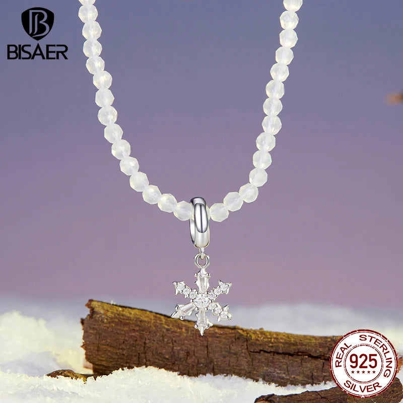 BISAER 925 Sterling Silver Ice Flower Pendant Necklace Charm Bead Adjustable Chain Plated White Gold for Woman Fine Jewelry