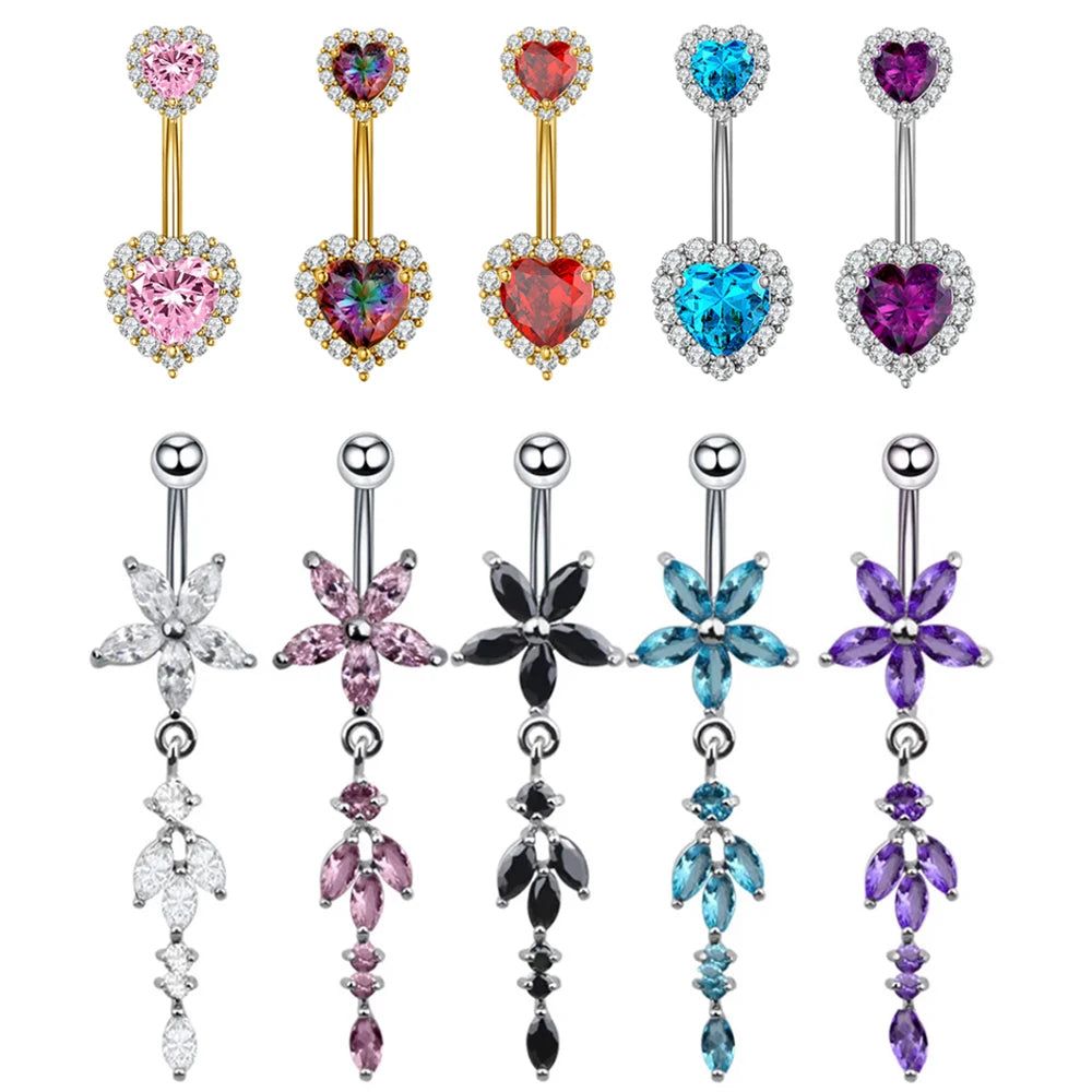 14G Heart Crystal Zircon Belly Button Rings Stainless Steel Long Dangled Flower Belly Piercing Ring Reversed Bar Navel Jewelry