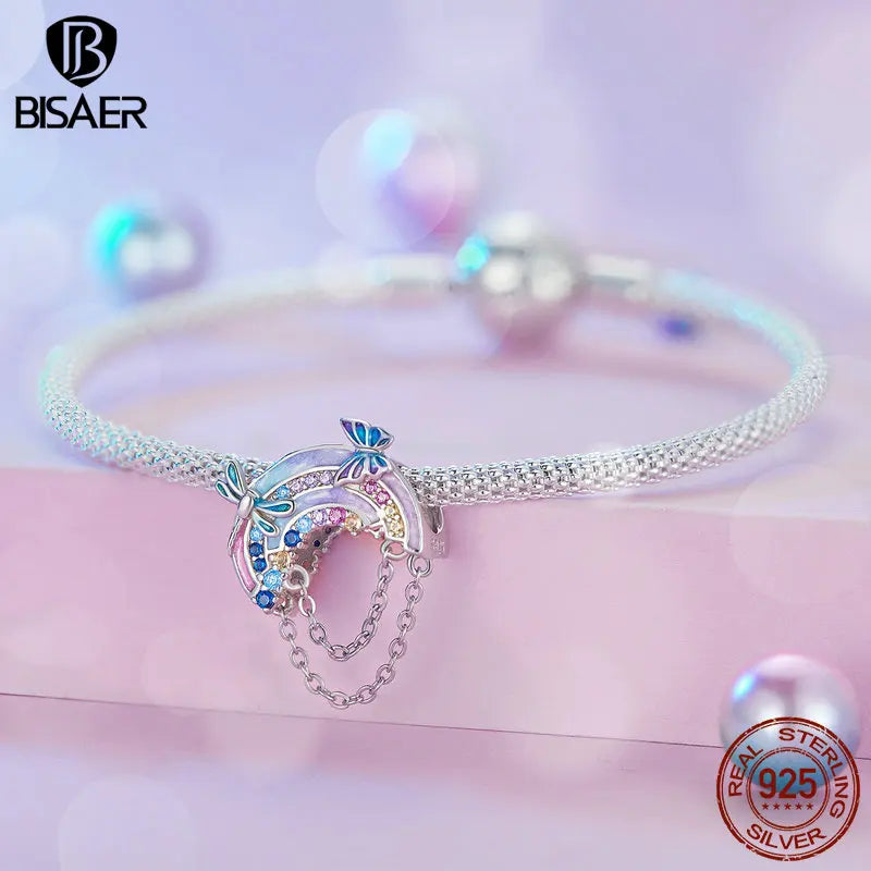 BISAER 925 Sterling Silber Bunte Einhorn Charm Perle Regenbogen Planet Anhänger Vergoldet Platin Fit Mädchen DIY Armband Schmuck