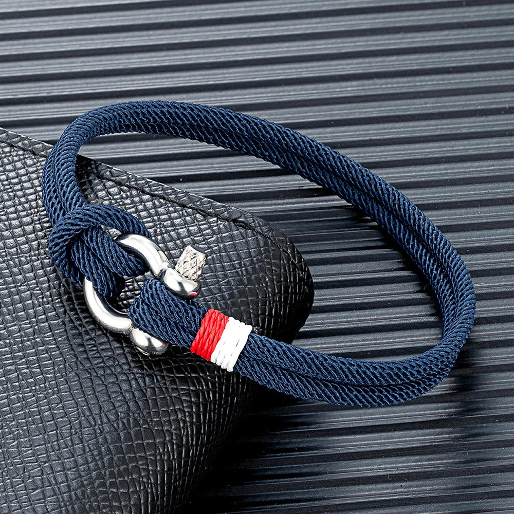 MKENDN Navy Blue Braided Rope Bracelet Stainless Steel Mini Horseshoe Shackle with Screws Bracelets for Men Women Couple Jewelry