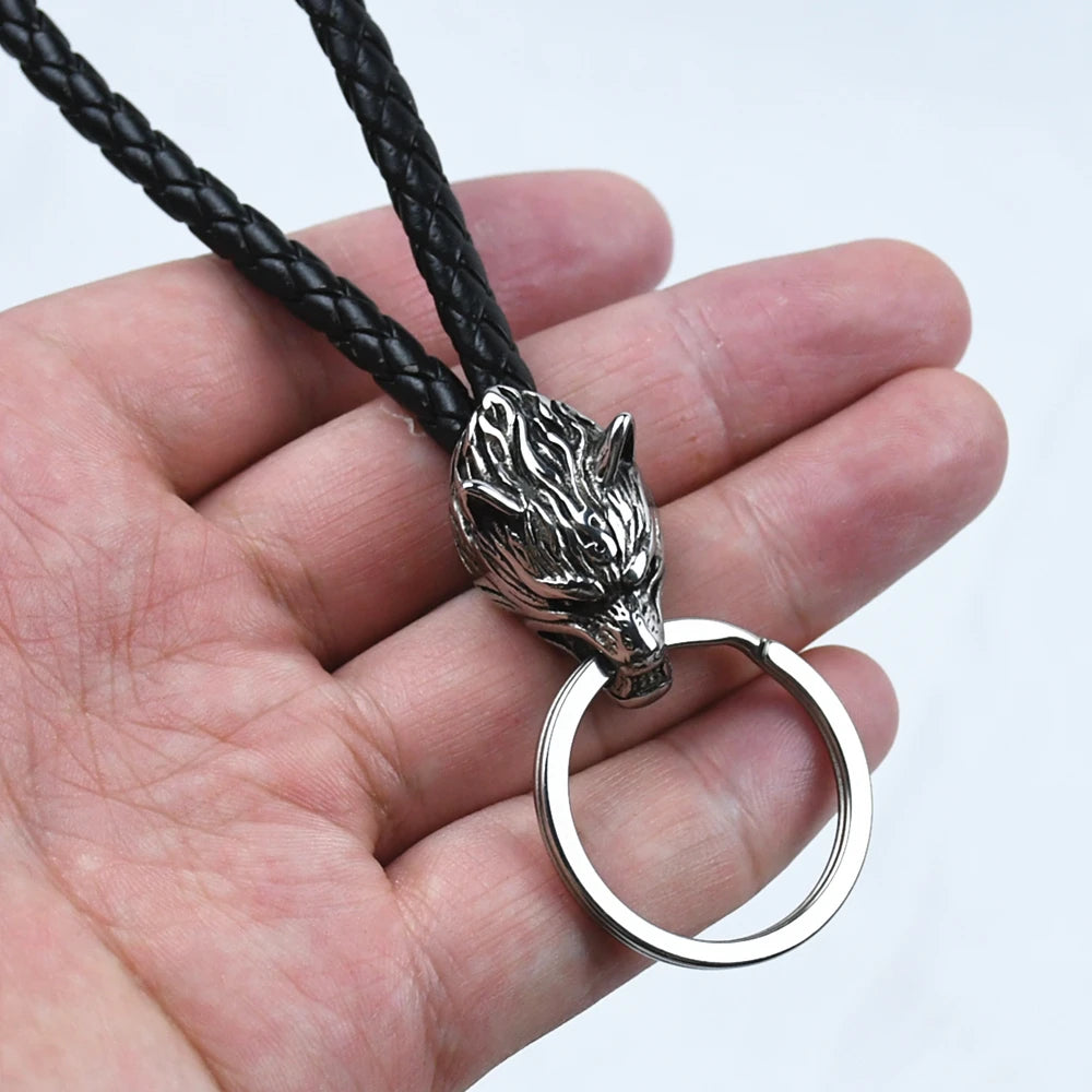 Nordic Celts Wolf Pendant Keychain leather wolf head key chain Stainless Steel Rune scandinavian Accessories norse Amulet Jewelr