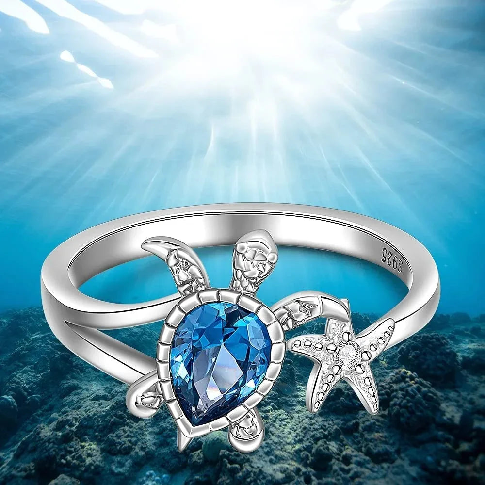 New Sea Turtle Starfish Rings for Women Blue Topaz Cute Ocean Animal Cubic Zirconia Jewelry Girl Birthday Party Gifts Wholesale