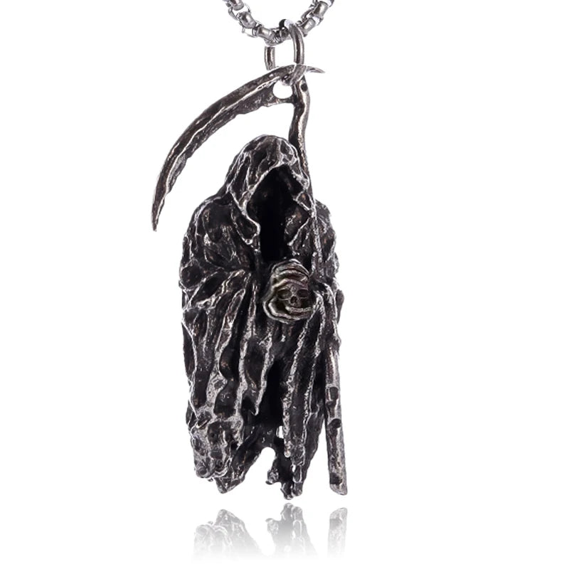 Colgante de guadaña de la muerte del infierno gótico, collar de calavera de demonio místico, joyería de Halloween punk rock para hombre