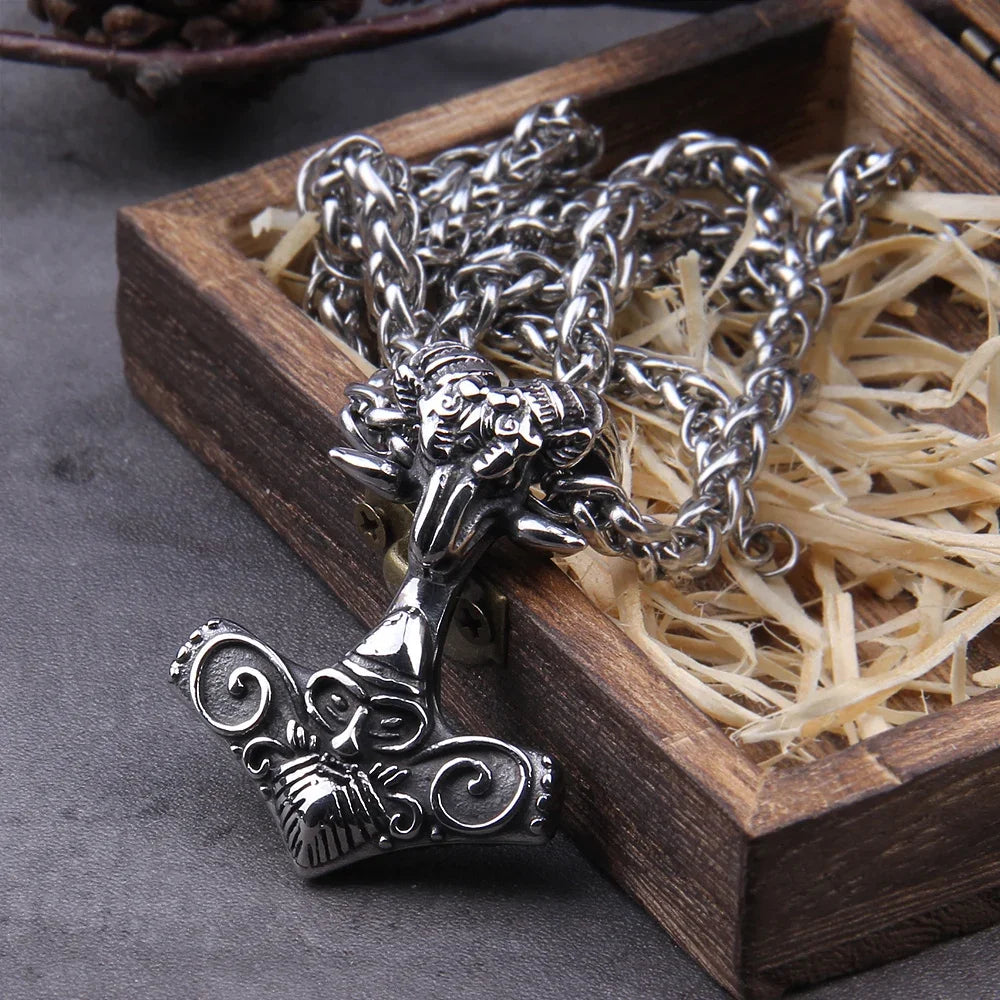 Fashion Valknut Viking Thor's Hammer Pendant Necklace With keel Chain As Men Gift with wooden box