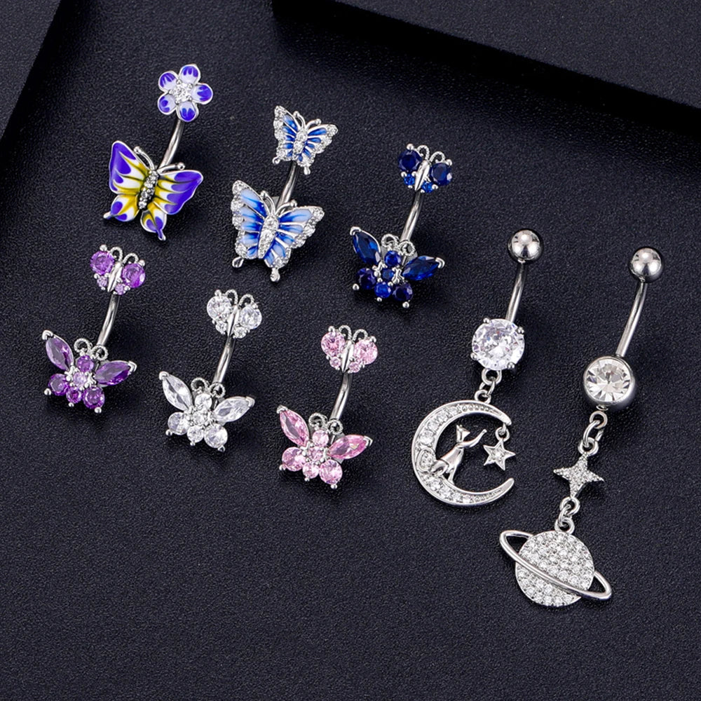 1PC Butterfly Belly Button Ring 316L Steel Pick Star Crystal Surgical Navel Rings Belly Piercing Body Jewelry Dangled Drop Oreja