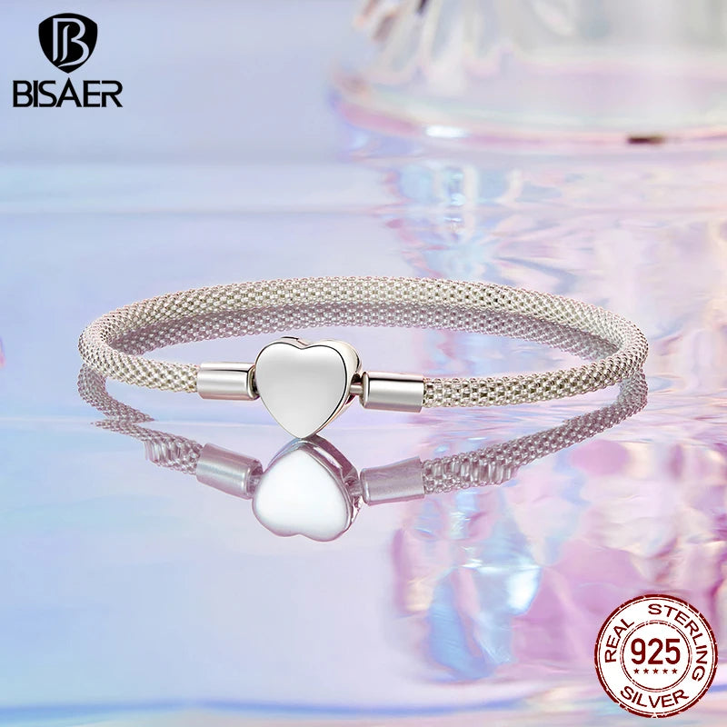 BISAER Real 925 Sterling Silver Heart Basic Bracelet Love Statement Bracelets for Women Charms Beads DIY Fine Jewelry ECB293