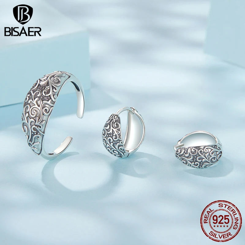 BISAER 100% 925 Sterling Silver Retro Pattern Open Ring Vintage Pattern Hoop Earrings for Women Party Original Fine Jewelry Gift