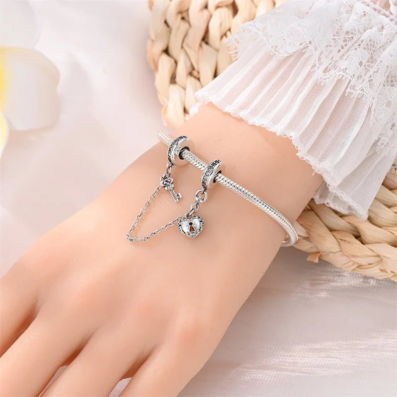 New 925 Sterling Silver Crescent Moon Dream Catcher Safety Chain Pendant Fit 4mm Aperture Bracelet Snake Chain Beaded Women Gift