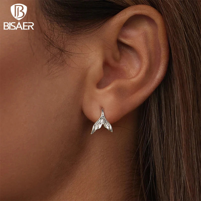 BISAER Real 925 Sterling Silver Mermaid Tail Stud Earrings Sparkling Zircon Stud Ear For Woman Party Fine Jewelry Holiday Gifts