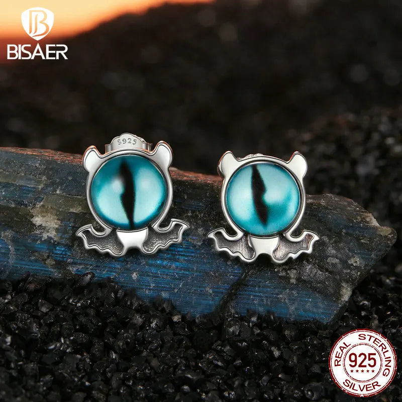 BISAER Real 925 Sterling Silver Vintage Devil Stud Earring Big Bule Eye Stud Ear For Woman Men Party Fine Jewelry Halloween Gift