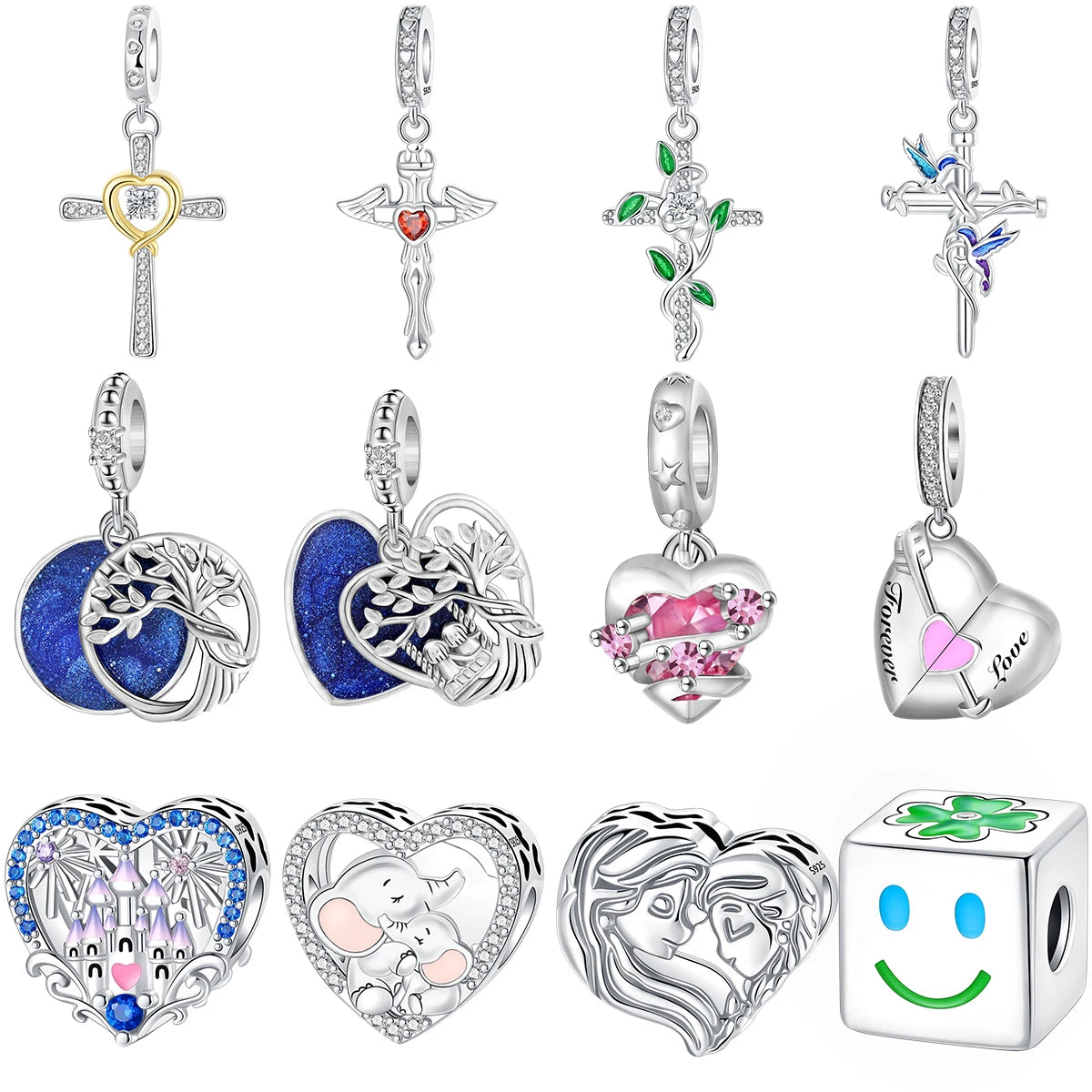 New 925 Sterling Silver Cross Love Clover Castle Elephant Beads Charms Fit Original Pandora Bracelets Women Jewelry DIY Gift