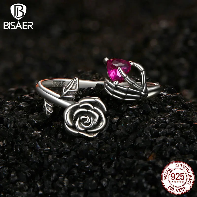 BISAER Real 925 Sterling Silver Vintage Rose Skeleton Hand Open Ring Hug Hand Band Adjustable Size for Women Party Fine Jewelry