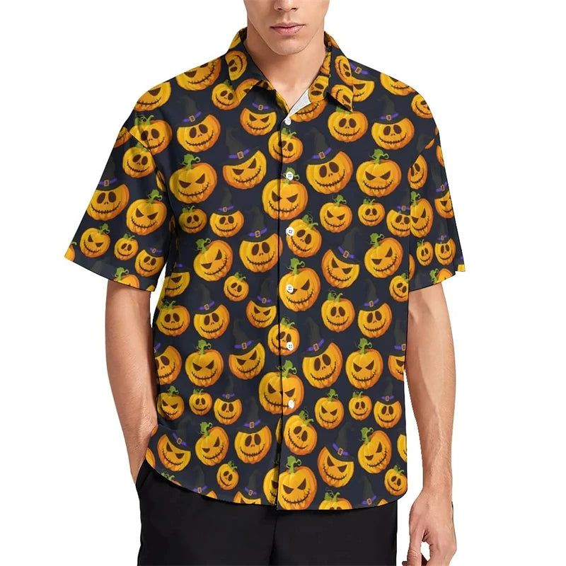 Funny Pumpkin Candy Graphic Blouses Fashion Halloween Gift 3D Printed Beach Shirts Streetwear Boy Short Sleeve Button Male Tops