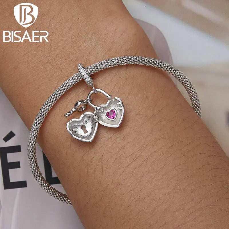 BISAER 925 Sterling Open Heart Lock Charm Bead Plated Platinum Pendant Fit DIY Bracelet Jewelry Valentine's Day Birthday Gift