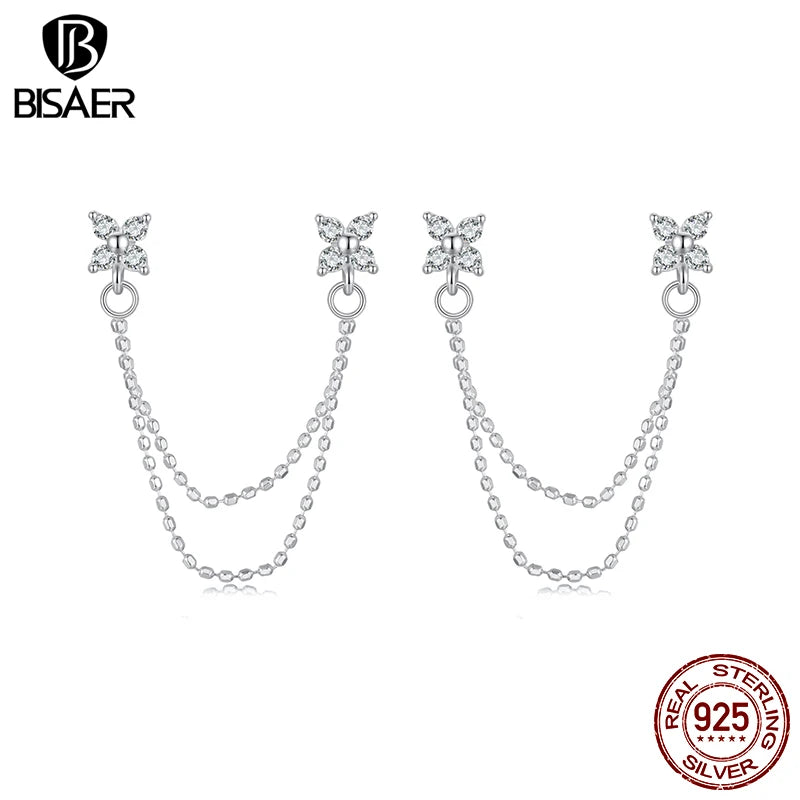 BISAER 925 Sterling Silver Double Tassel Stud Earrings Sparkling Zircon Hypoallergenic Earrings for Women Party Fine Jewelry