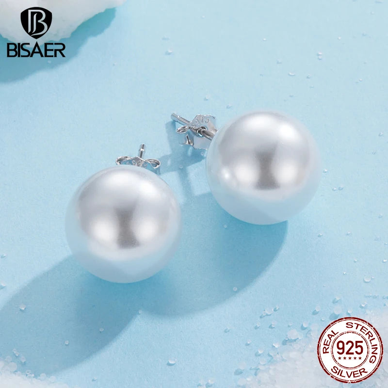 BISAER 100% 925 Sterling Silver Round Pearl Stud Earrings Plated White Gold For Elegant Women Party Original Fine Jewelry Gift