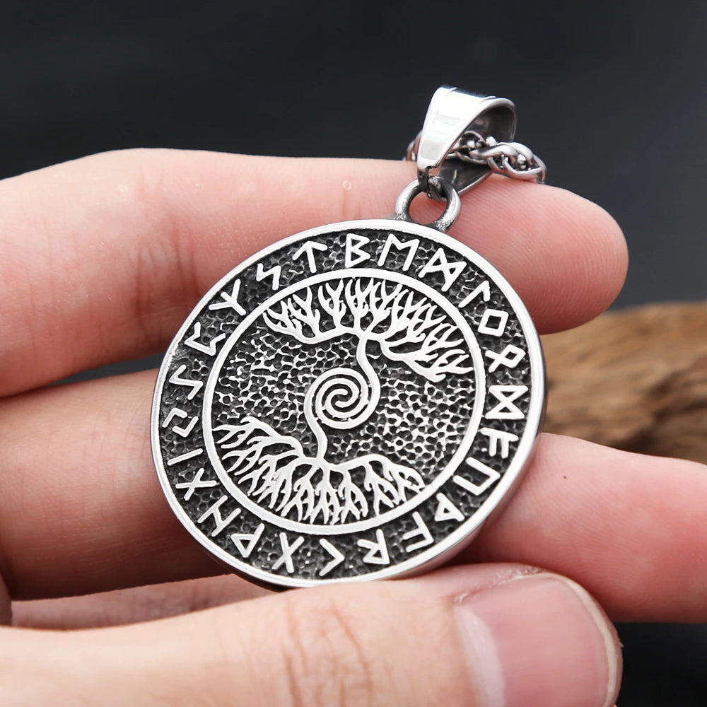 Classic Vintage Stainless Steel Viking Tree Of Life Necklace For Women Men Nordic Runes Pendant Amulet Scandinavian Jewelry Gift