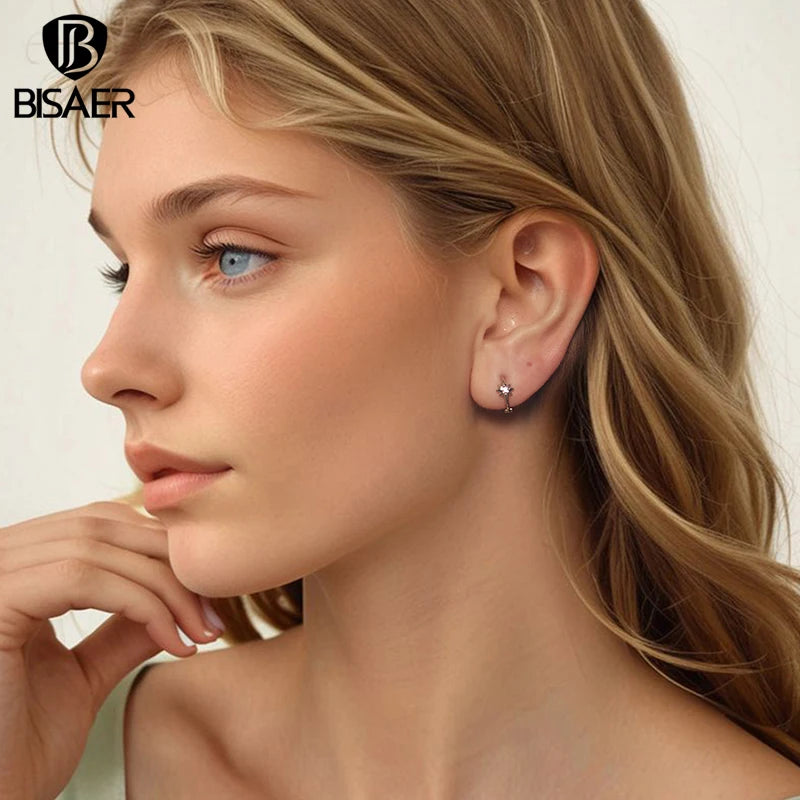 BISAER Real 925 Sterling Silver Hexagram Hoop Earrings Plated White Gold Women Party Weeding FOriginal ine Jewelry Gift EFE1112