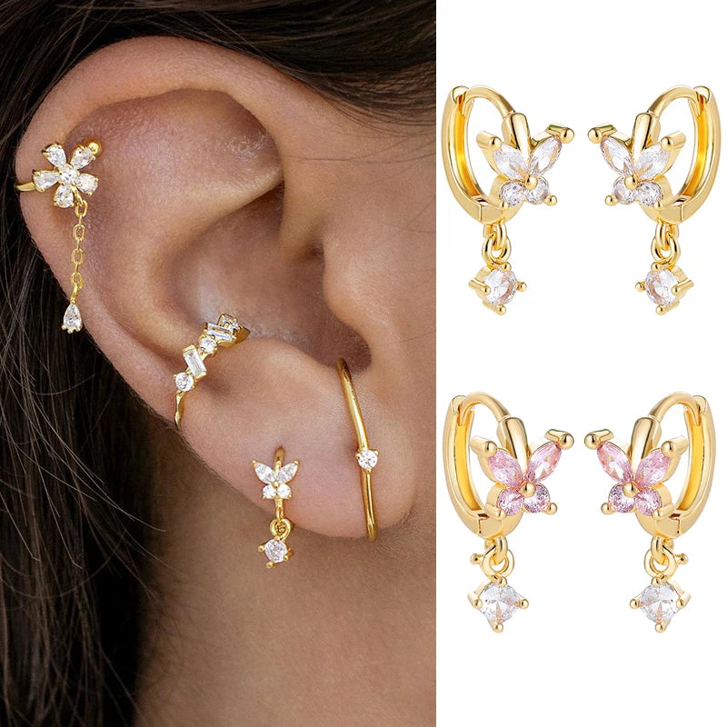 Elegantes pendientes de aro con hebilla de oreja de mariposa y circonita cúbica para mujer, chapados en oro, con cristales, para piercing de cartílago, regalo de fiesta