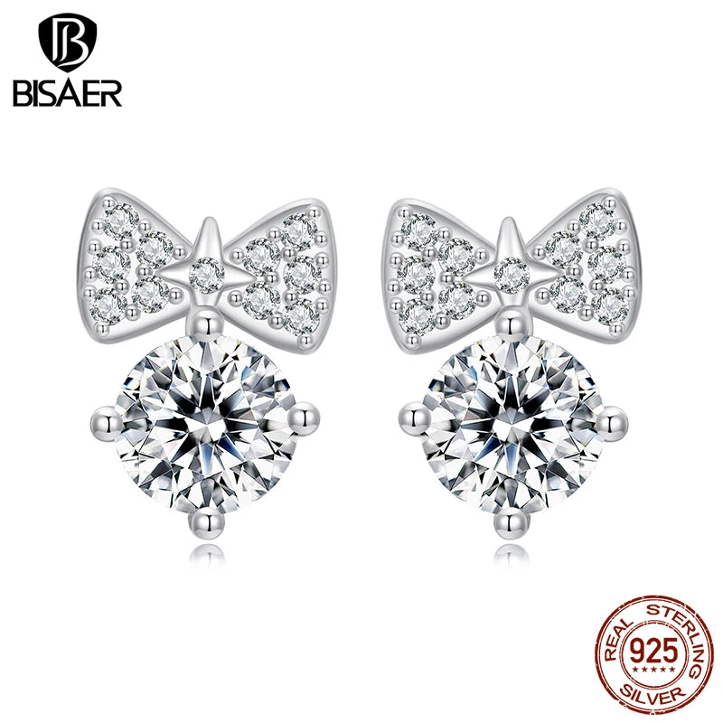 BISAER 925 Sterling Silver Bowknot Stud Earrings Sparkling Zircon Earrings Plated White Gold for Women Party Fine Jewelry Gift