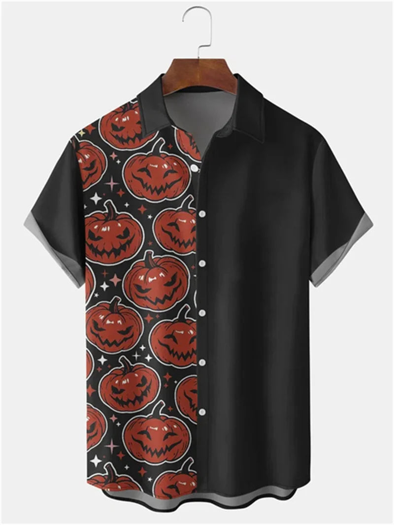 Camisa vintage para hombre con estampado 3D de cabeza de calabaza de Halloween, ropa para hombre, camisa hawaiana informal de verano para playa hawaiana, camisa hawaiana de vacaciones