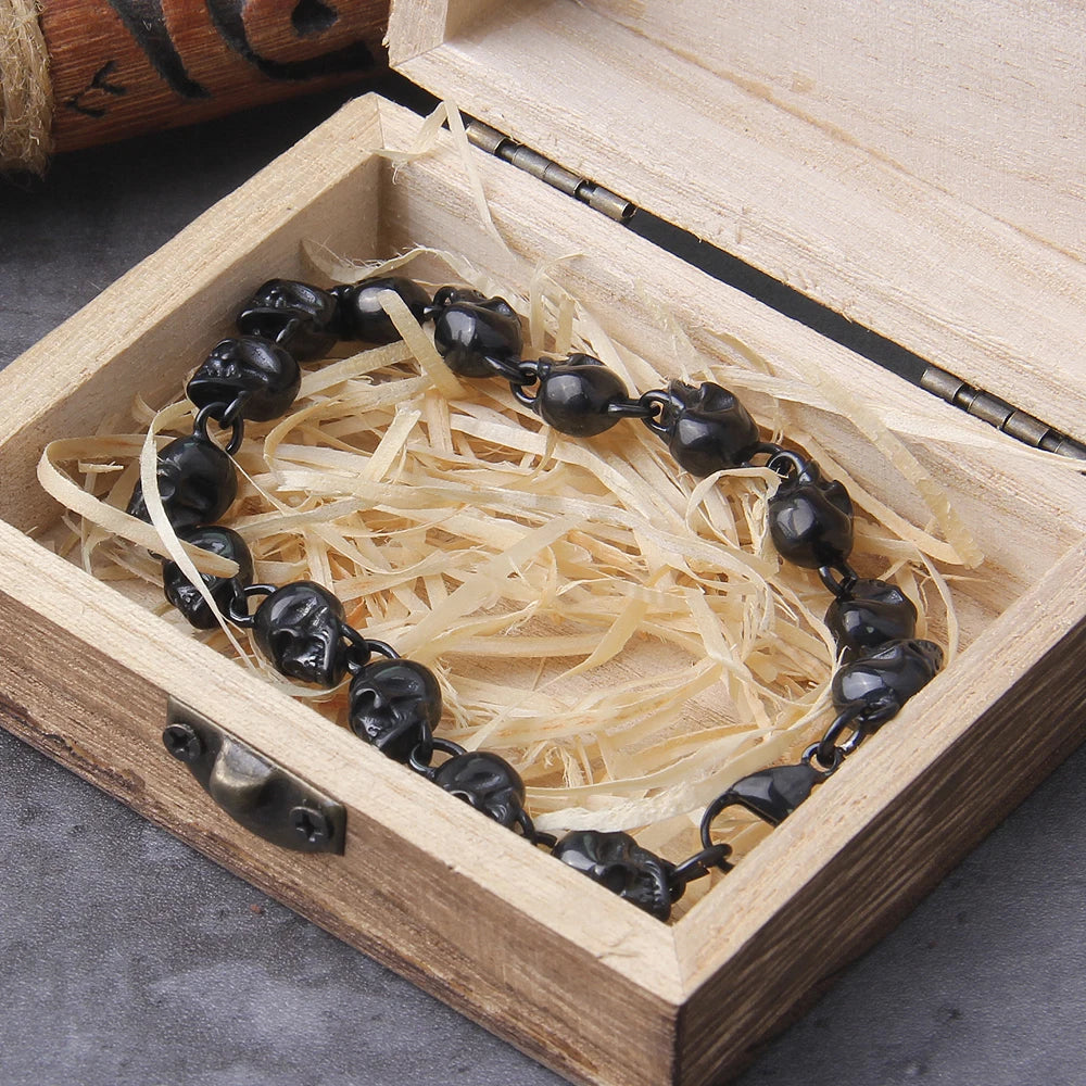 Gun Black Vintage full Stainless Steel Skull Beaded Skull Bracelet for Men Bracelets Gothic packing by wooden box as gift