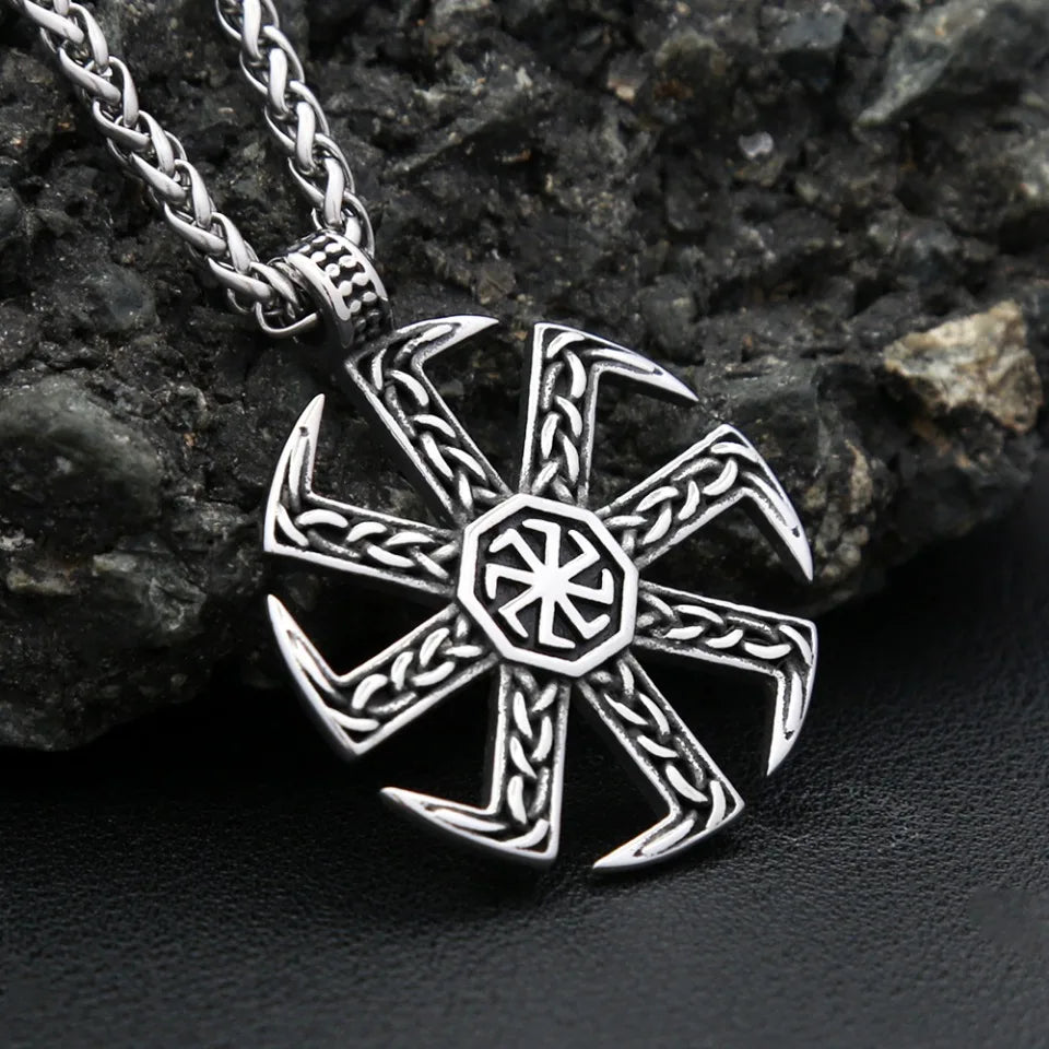 Vintage Stainless Steel Slavic Kolovrat Symbol Pendant Necklace Pagan Sun Wheel Necklaces For Men Women Religious Amulet Jewelry