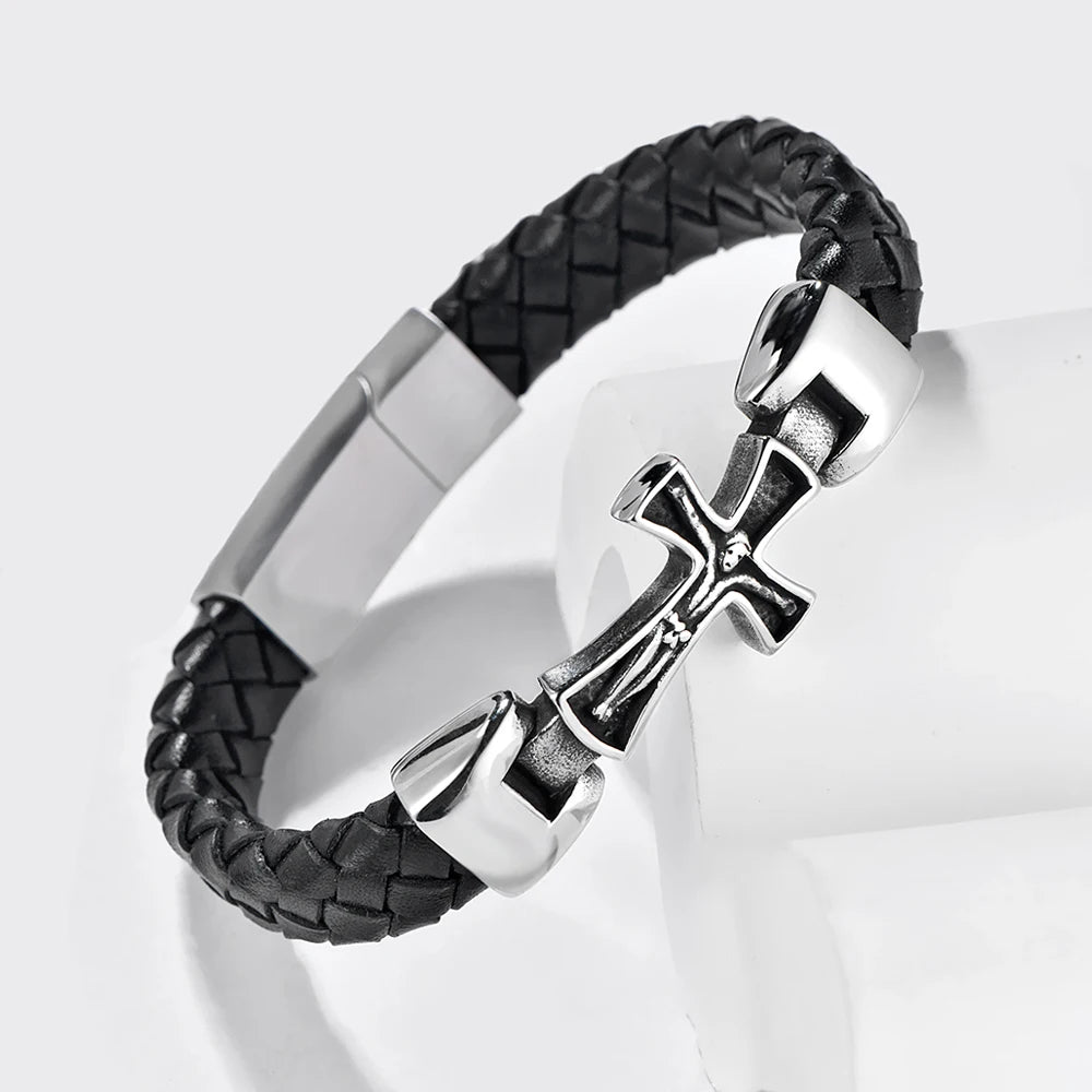 Gothic Vintage Stainless Steel Cross Bracelets For Men Women Fashion Classic Leather Jesus Bracelet Religious Amulet Jewelry