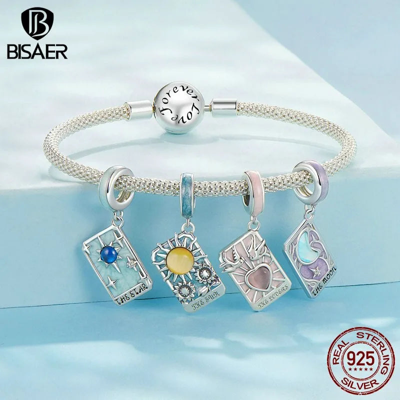 BISAER 925 Sterling Silver Star Tarot Card Charm Bead Moon Tarot Card Pendant Pendant for Women DIY Bracelets Fine Jewelry Gift