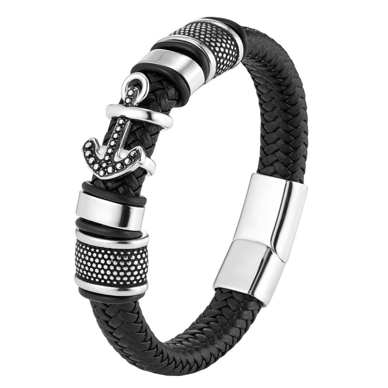 Edelstahlschmuck Trend 2024 Echtes Leder Handgewebtes Lederseil Klassiker Anker Retro Breites Armband