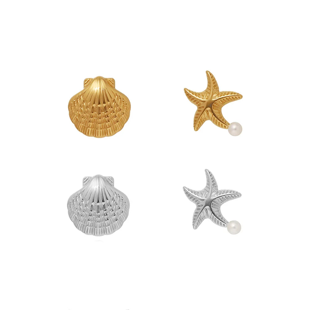 New Shell Scallop Asymmetrical AB Version Starfish Pearl Stud Earrings Stainless Steel Plated 18K Gold Ocean Style for Women