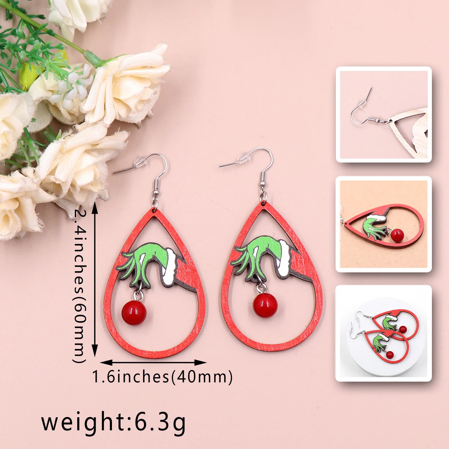 Pair of Christmas Grinch Wooden Earrings