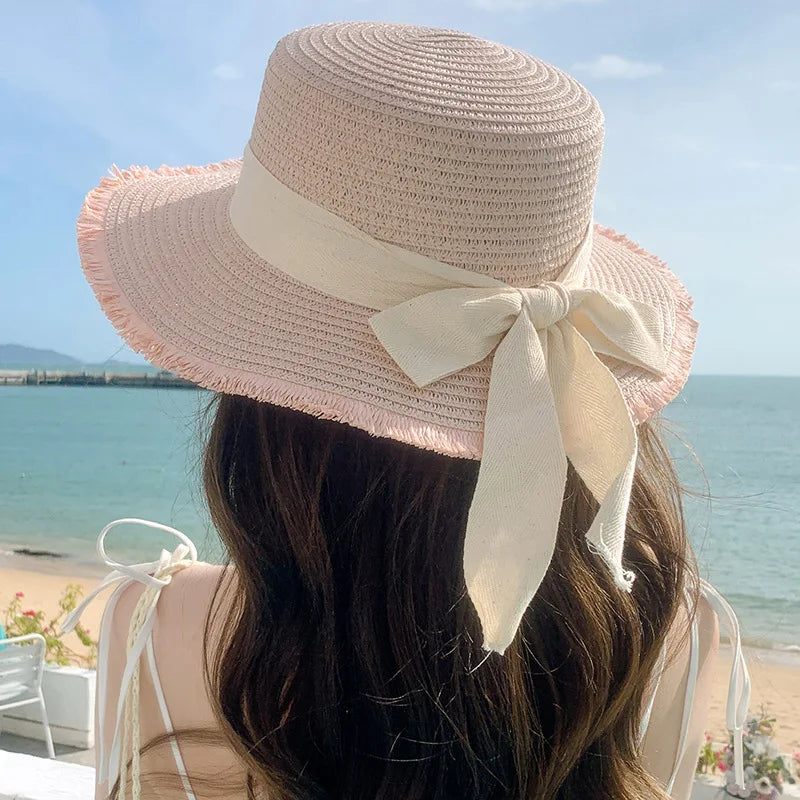 Bow Ribbon Straw Cover Cap Women Wide Brim Soft Top Sun Protection Hat Summer Sunshade Visors Female Vacation Beach Accessories