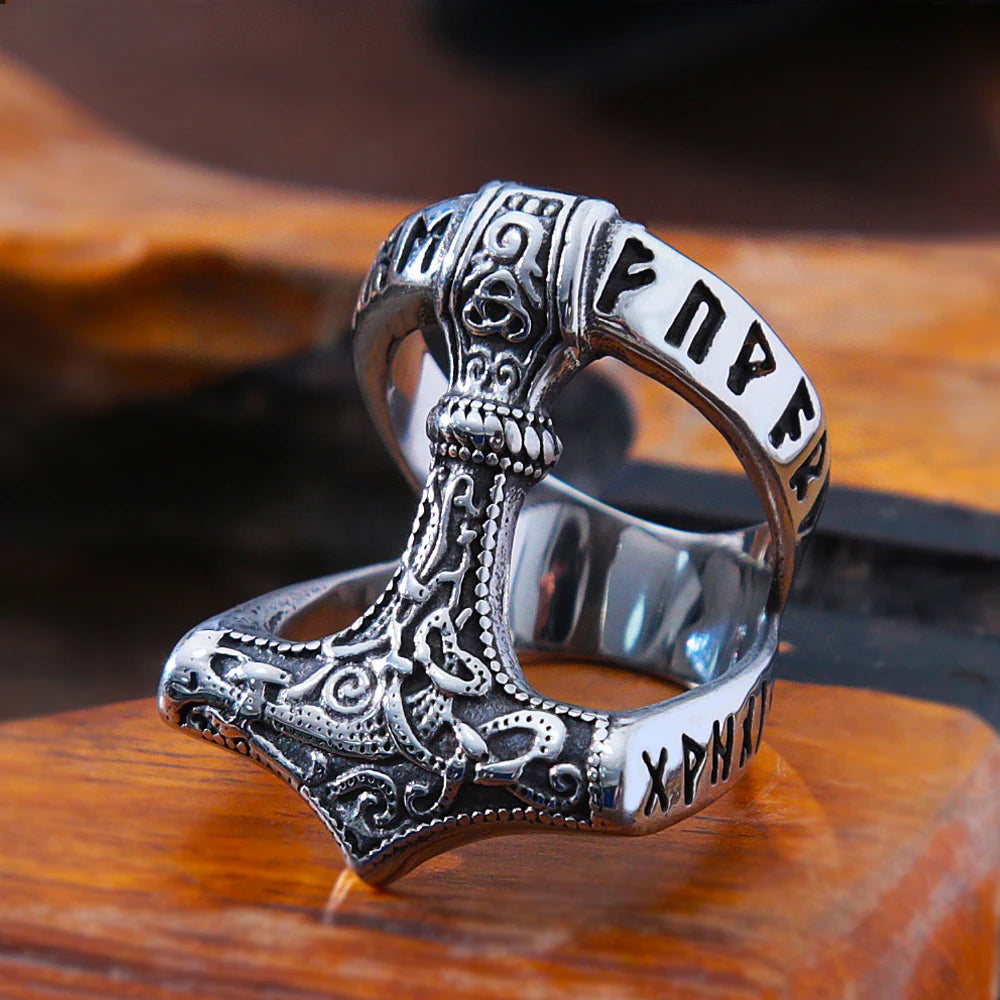 Vintage Viking Thors Hammer Ring Herren Nordic Odin Rune Ring Edelstahl Schmuck Biker Amulett Geschenk Großhandel