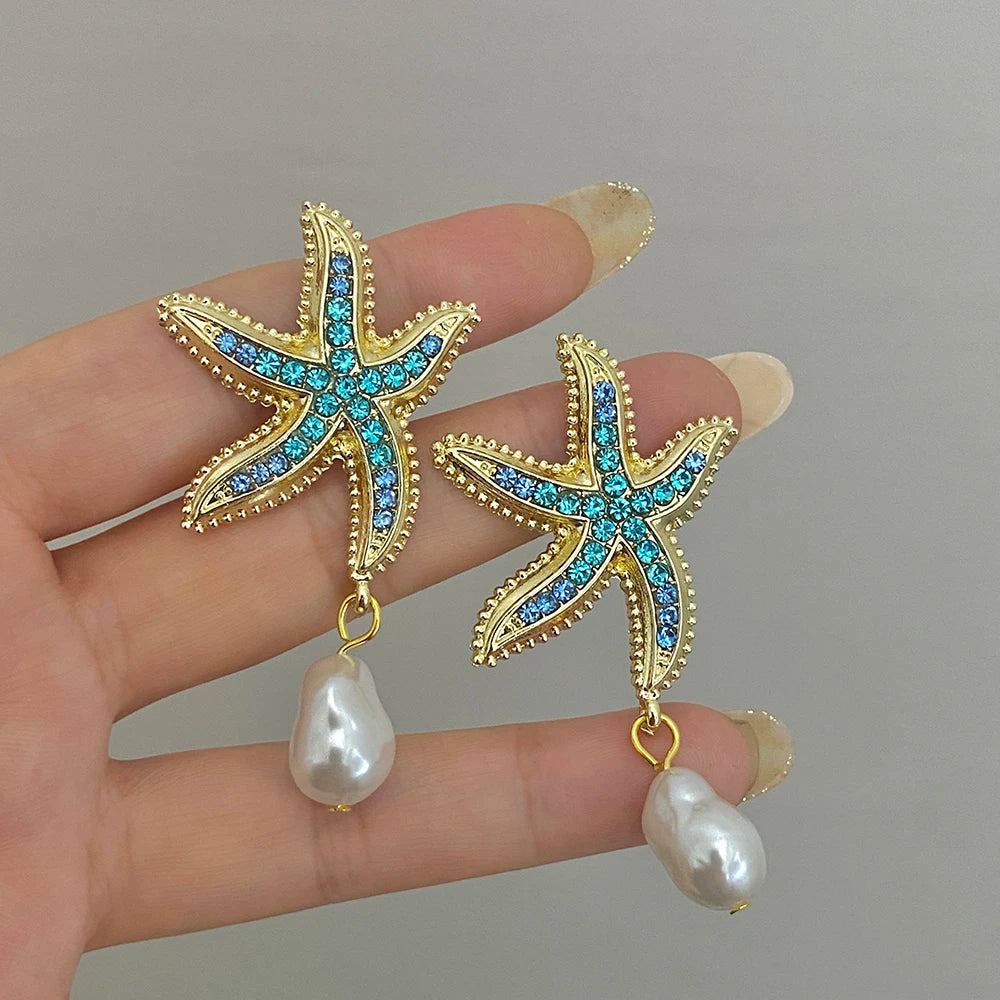 Bohemia Star Fish Earrings Drop Pearl Blue Rhinestones Dangle Earrings for Women Starfish Jewelry Summer Holiday Beach Gifts