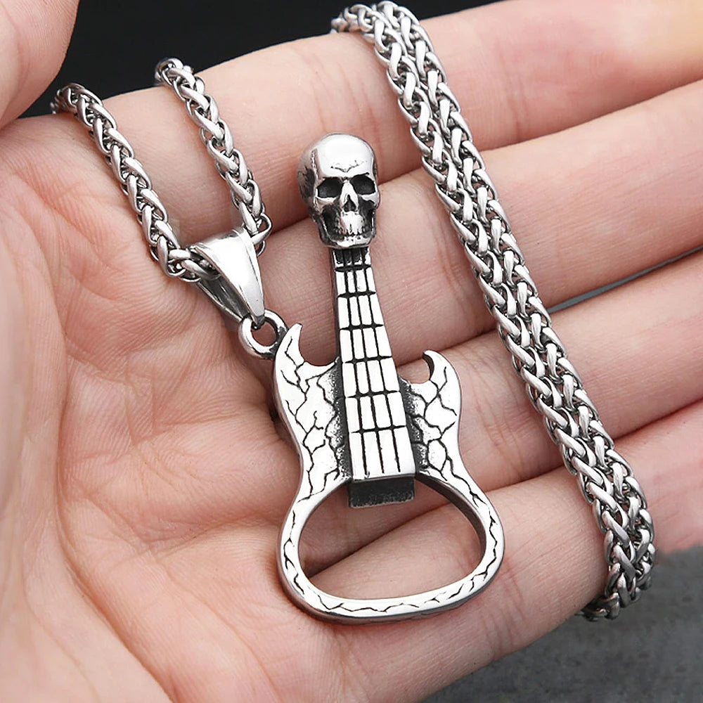 New Vintage Skull Guitar Pendant Necklace Stainless Steel Punk Hip Hop Personality Opener Necklaces For Men Rock Biker Jewelry