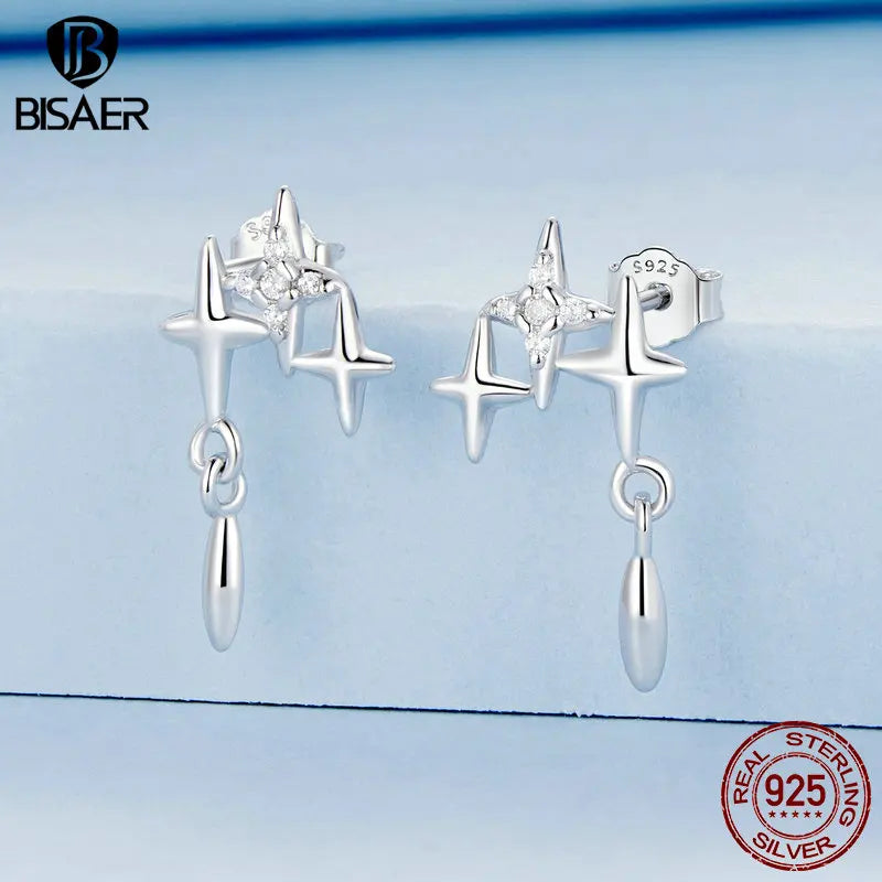 BISAER 925 Sterling Silver Starry Stud Earrings Sparkling Zircon Ear Clip Plated White Gold For Women Party Fine Jewelry Gift