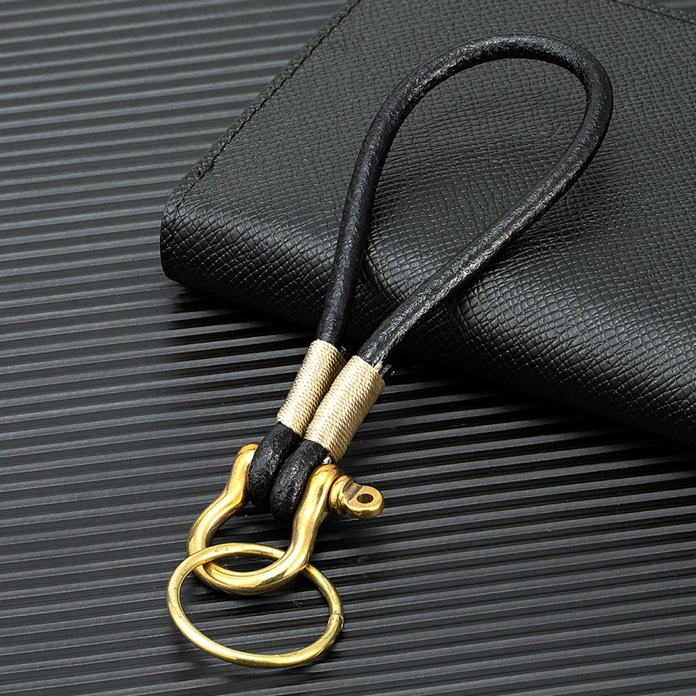 MKENDN Brass Shackle Solid U Lock Clasp With Screw Rod Handmade Genuine Leather Keychain Carabiner Hook Men Women FOB Gifts