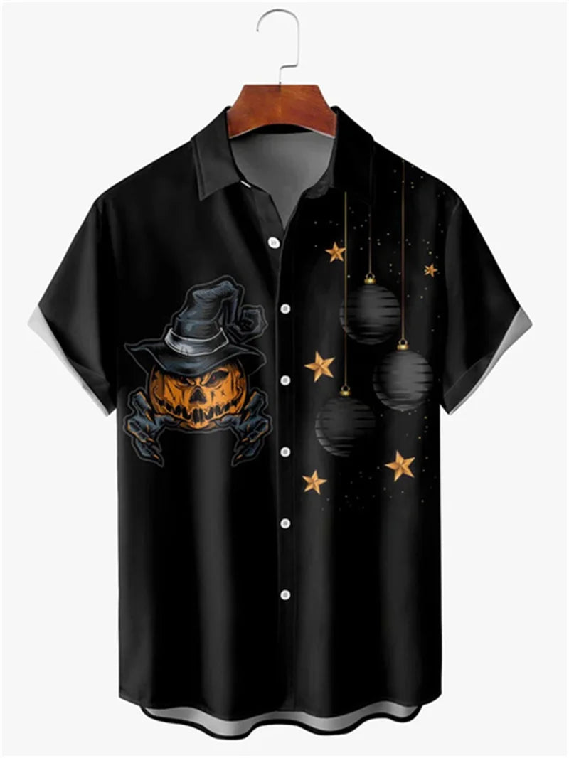 Camisa vintage para hombre con estampado 3D de cabeza de calabaza de Halloween, ropa para hombre, camisa hawaiana informal de verano para playa hawaiana, camisa hawaiana de vacaciones