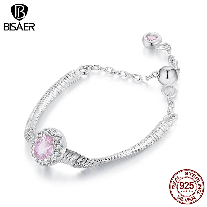 BISAER 100% 925 Sterling Silver Delicate Snake Chain Ring Adjustable Size 5-9 Pink Zircon Band for Women Girl Party Fine Jewelry