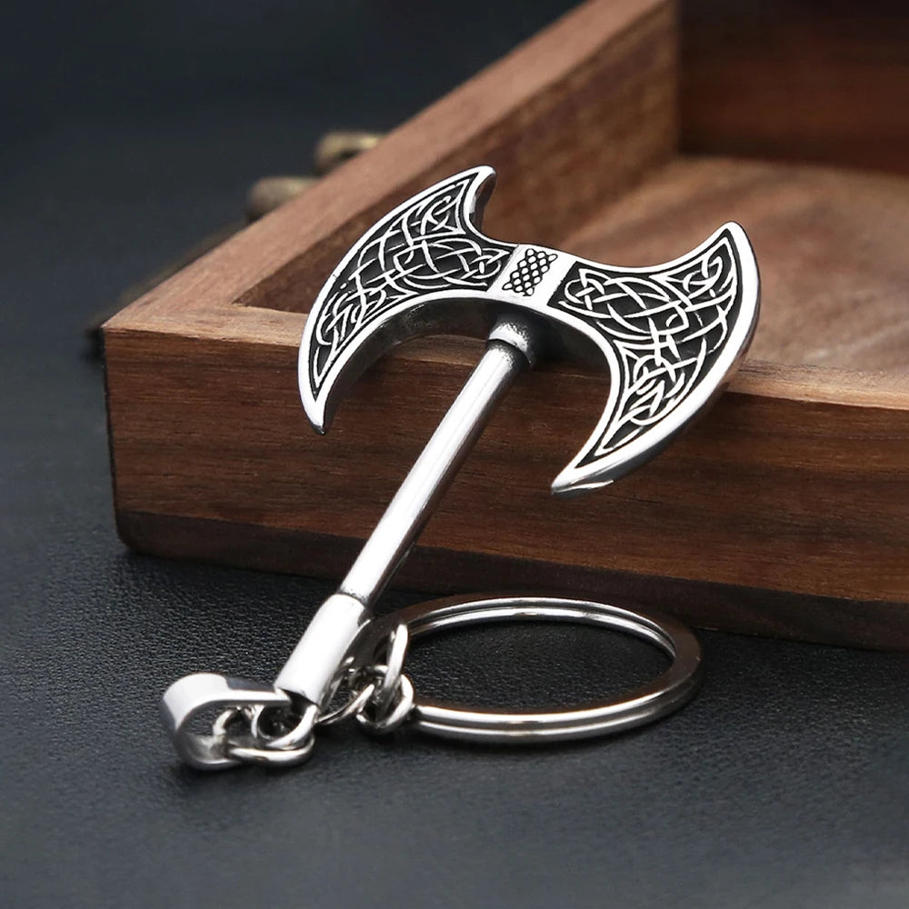 Vintage Stainless Steel Vikings Double Axe Keychains For Man Women Nordic Odin Amulet Pendant Key Chain Pagan Jewelry Wholesale