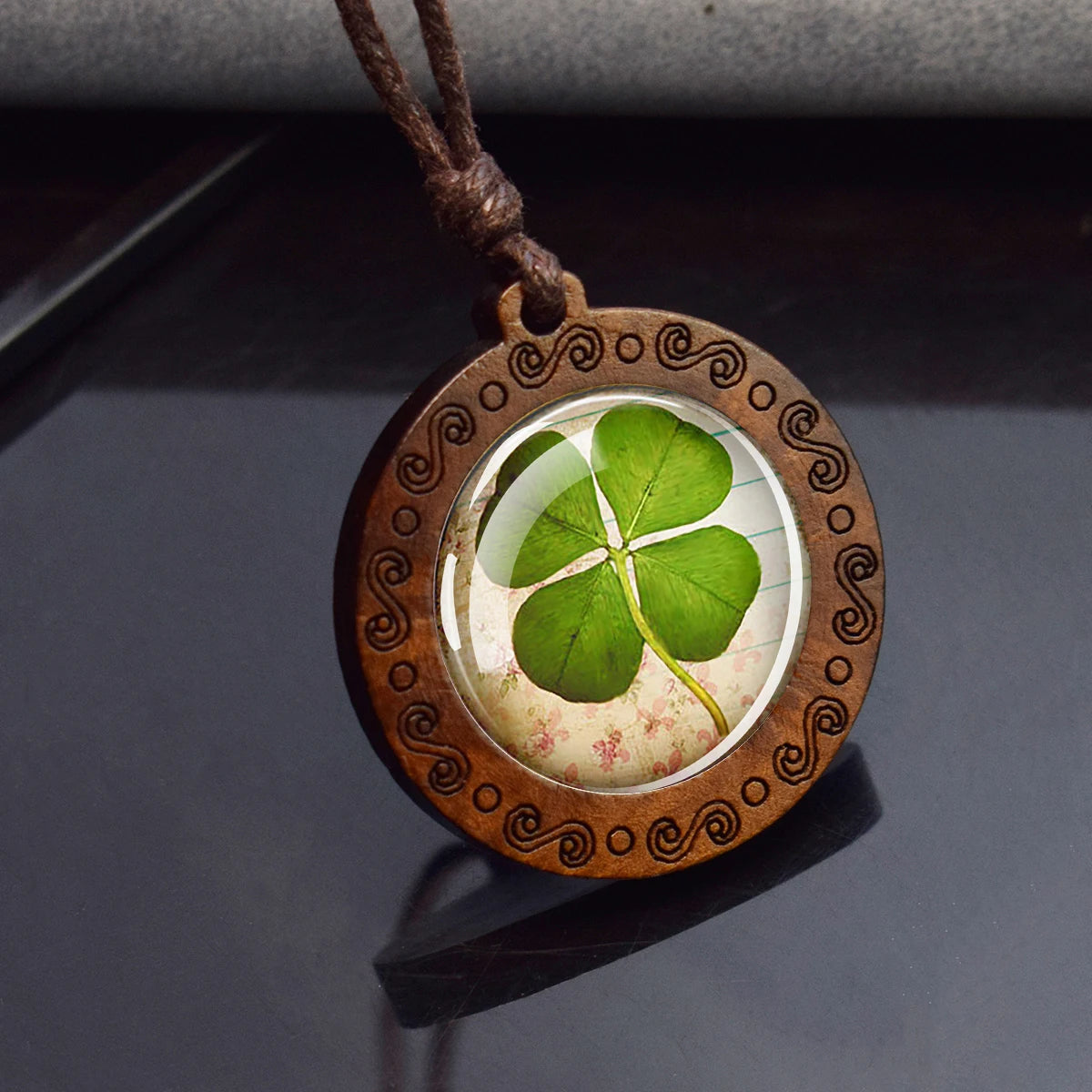 Four Leaf Clover Glass Dome Wooden Pendant Necklace Rope Chain Necklace Retro Jewelry St.Patrick's Day Gift