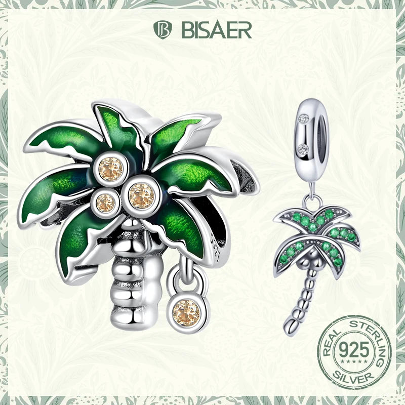 BISAER 925 Sterling Silver Charm Summer Coconut Tree Round Zircons Pendant Bead For Women DIY Bracelets Fine Jewelry EFC601