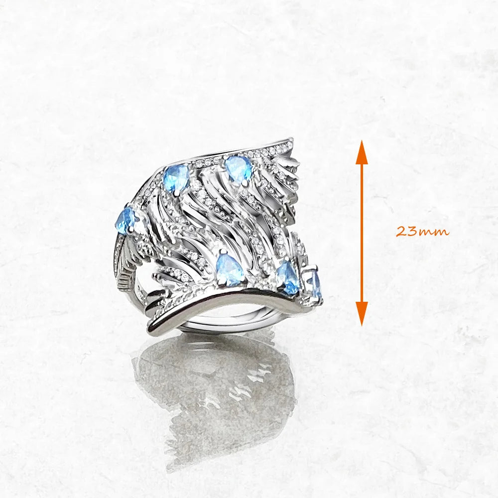 Ring Phoenix Wing mit blauen Steinen Europa-Stil Böhmen Edler Schmuck für Frauen Brandneues reines 925 Sterling Silber Geschenk