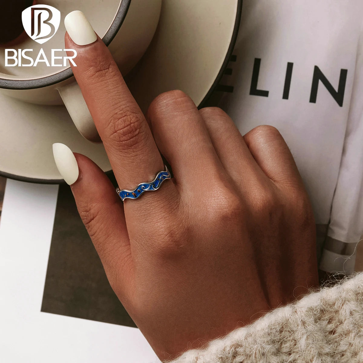 BISAER 925 Sterling Silver Blue Starry Sky of Van Gogh Ring for Couple Lover Open Finger Band Design Jewelry Accessories ECR608