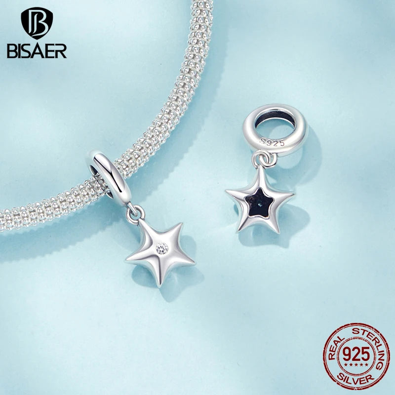 BISAER 100% 925 Sterling Silver Star Charm Vajra Heart Snowflake Pendant Dark Rib Bead for Women DIY Bracelet Jewelry ECC2976