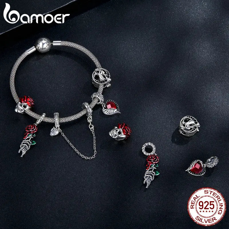 Bamoer 925 Sterling Silver Halloween Collection Charms fit DIY Charms Bracelet & Bangle Fine Jewelry Skull Bead Rose Pendant